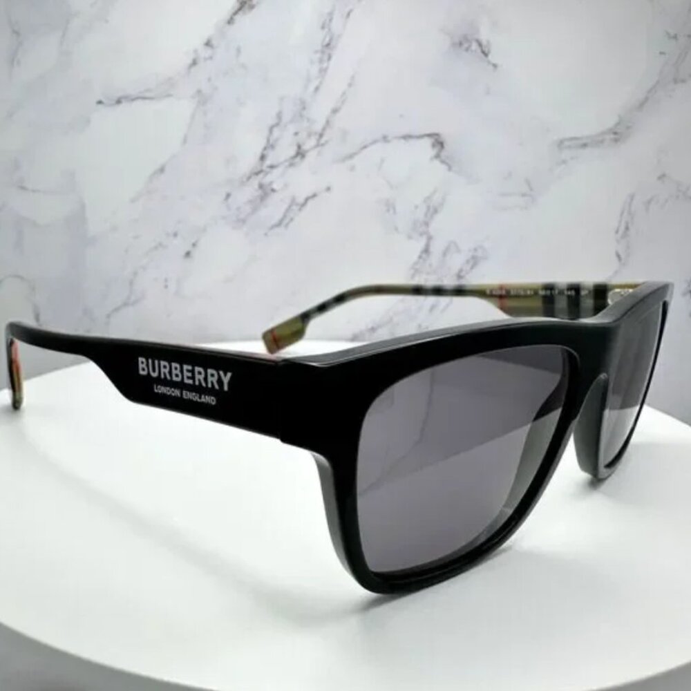 Burberry Sunglasses Black Polarized Square White Logo Solid Checkere - Picture 4 of 9
